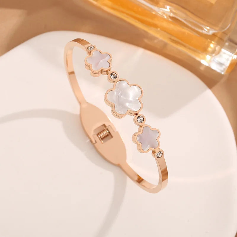 Simple Stainless Steel White Shell Five Leaf Flower Bangle Classic Clover Wrist Jewelry Luxury for Woman Party Jewelry Gift - You Offer