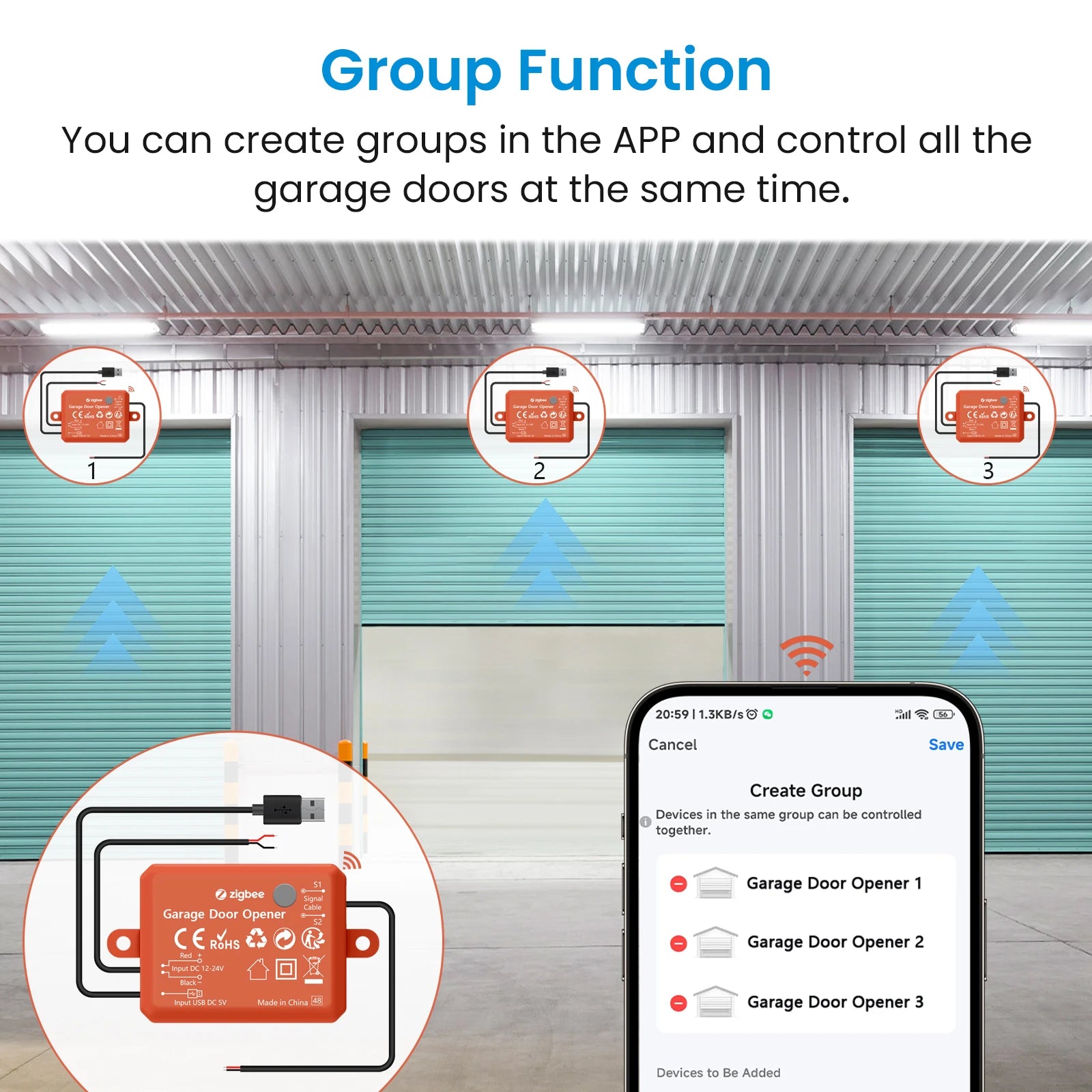 QCSMART ZigBee 3.0 Garage Door Wireless Sensor Opener Controller Tuya Smart Life App Remote Voice Control Google Assistant Alexa