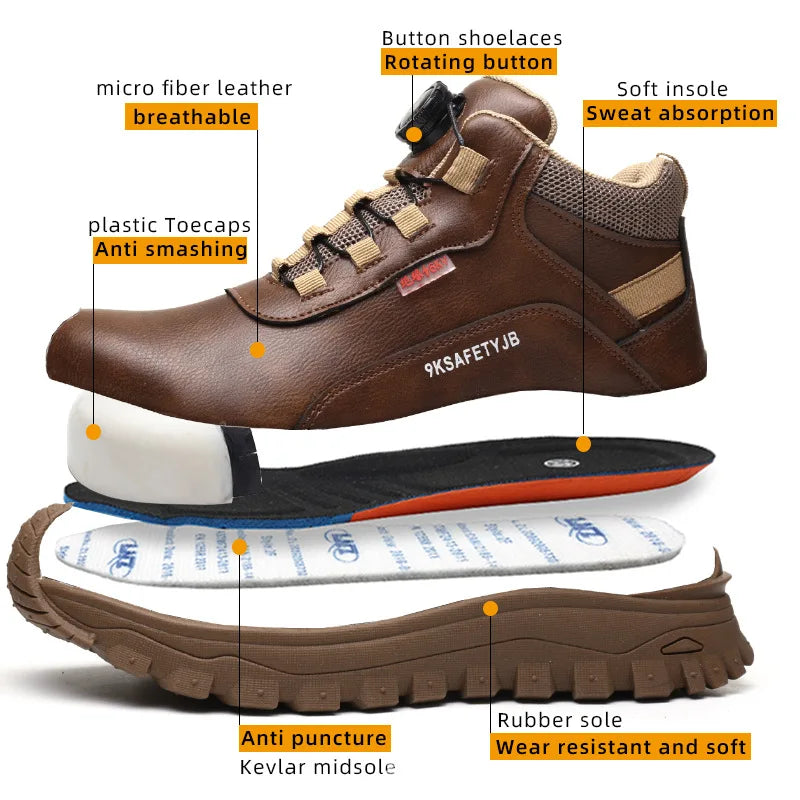 Rotating Button Indestructible Shoes Safety Boots Men Steel Toe work Boots Waterproof Non-slip Puncture-Proof Protective Shoes