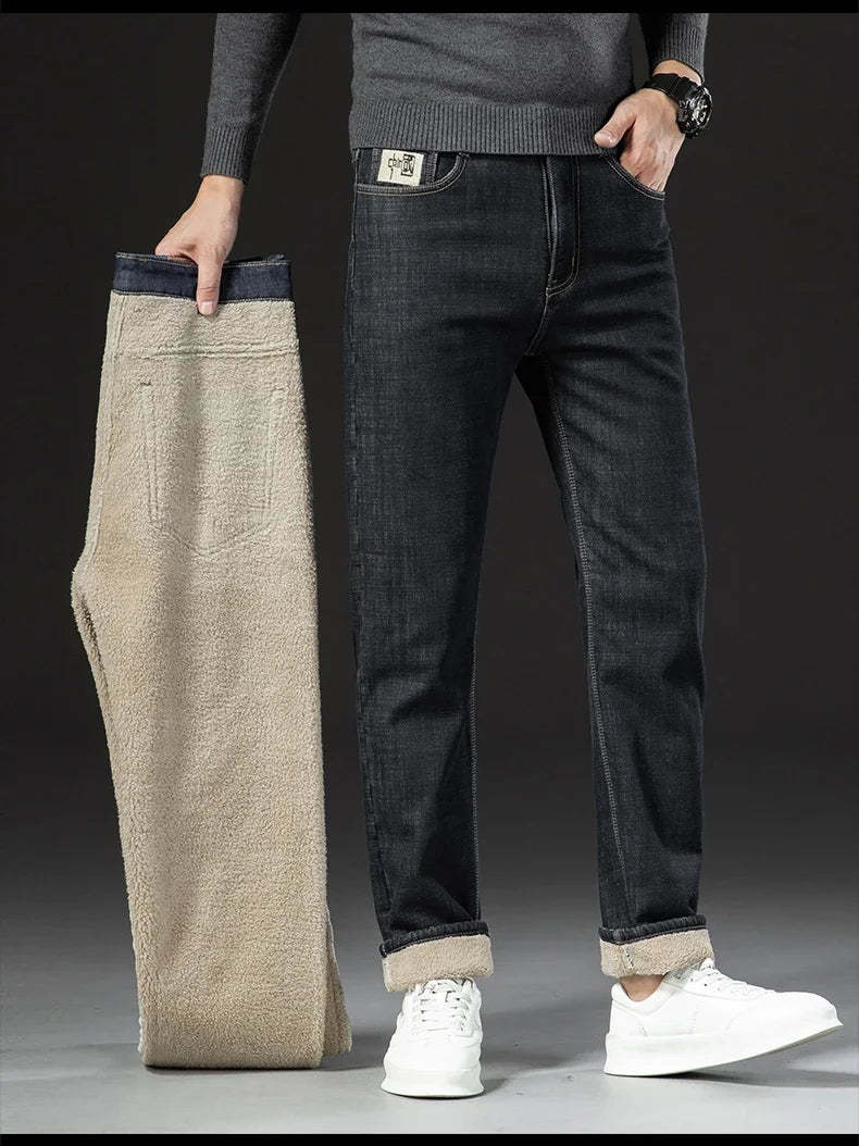 Winter Lamb Fluff Denim Straight Pants Men Thicken Big Size 40 Jeans High Waist Stretch Jeansy Fleece Lined Warm Slim Vaqueros - You Offer