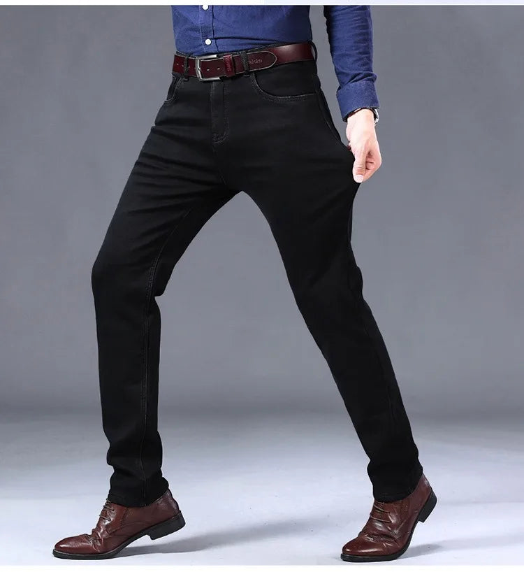 Winter Warm Jeans Men's Thickened Velvet Black Fashion Korean Trousers Plush Velvet Business Casual Straight Denim Pants - You Offer