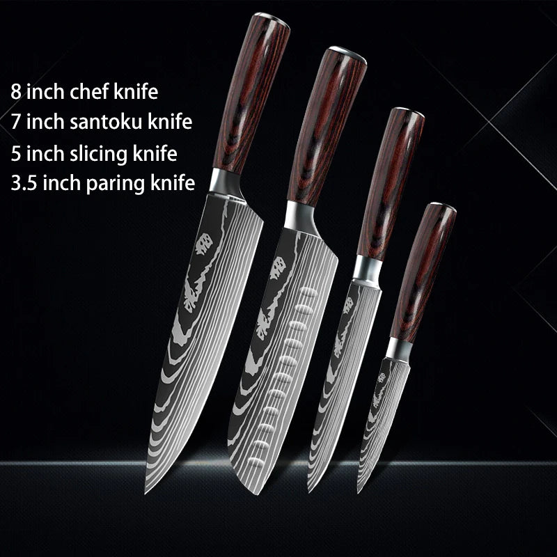 Chef knife 1-10Pcs Set Laser Damascus Pattern Kitchen Knives Sharp Japanese Santoku Slicing Utility Knife Cleaver Boning Knives - You Offer