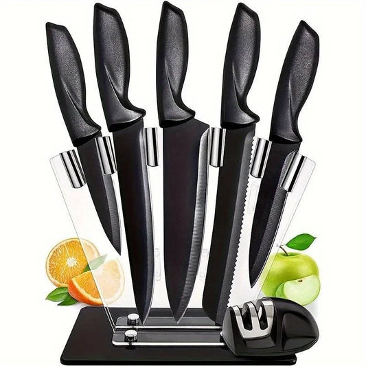A set of 7 kitchen knives, a set of stainless steel black knives, professional chef's knife, acrylic stand, kitchen accessories - You Offer
