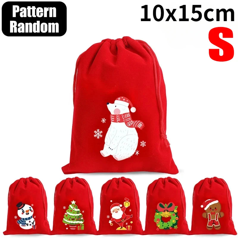 Christmas Drawstring Bags Velvet Cartoon Santa Claus Snowman Candy Snakcs Gifts Bags for Xmas Tree Party Home Packaging Pouches