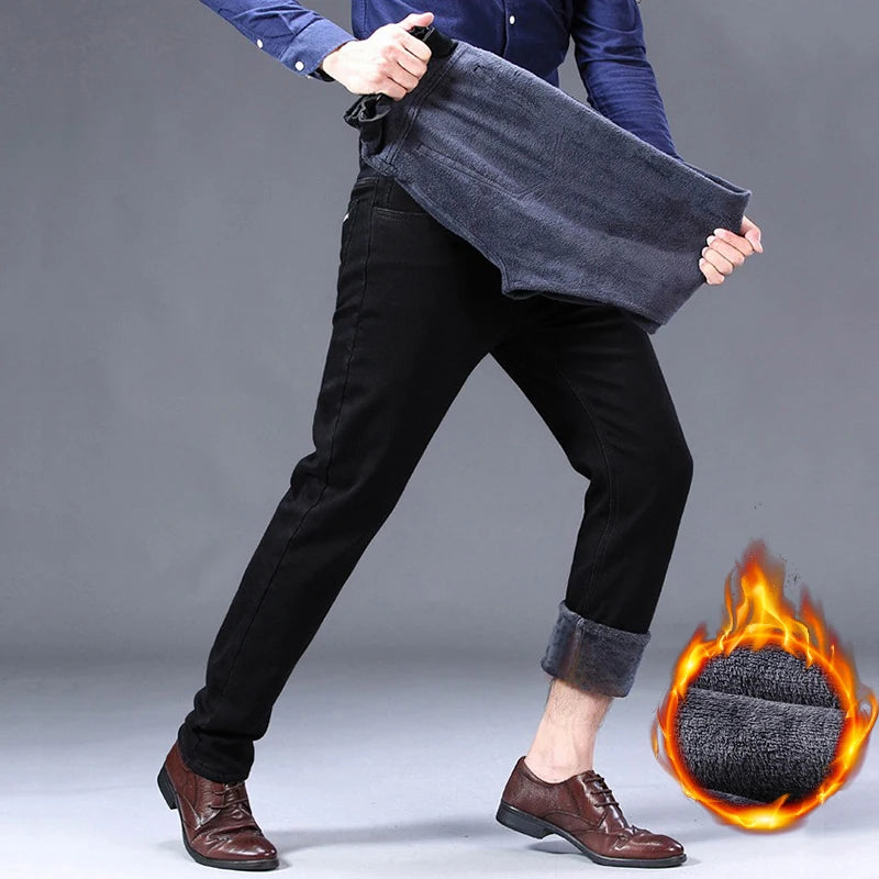Winter Warm Jeans Men's Thickened Velvet Black Fashion Korean Trousers Plush Velvet Business Casual Straight Denim Pants - You Offer