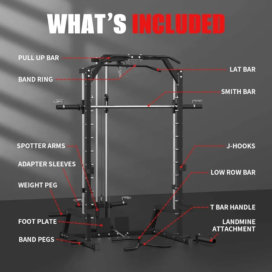 Smith Machine Power Rack with LAT Pulldown System Power Cage with Cable System Squat Rack for Home Gym with Chest Press Machine