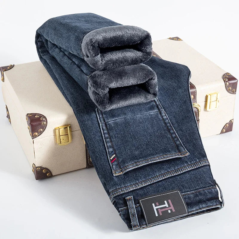 Winter Thickened Warm Male Plush Trousers Brand Clothes Men's Fleece Jeans Straight Slim Stretch Fashion Business Denim Pants - You Offer
