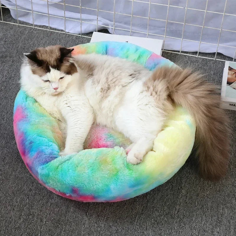 Round Plush Pet Bed - Self Warming Kennel, Machine Washable Mat with Non-Slip Bottom, Soft Cushion House Bed for Cats Dogs