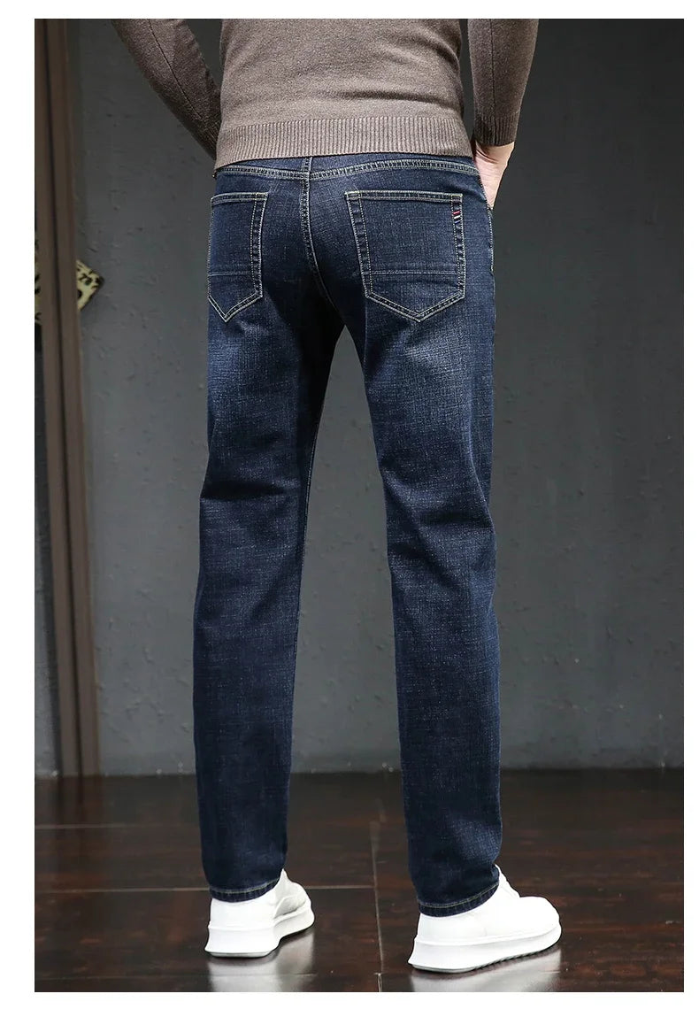 Winter Thickened Warm Male Plush Trousers Brand Clothes Men's Fleece Jeans Straight Slim Stretch Fashion Business Denim Pants - You Offer