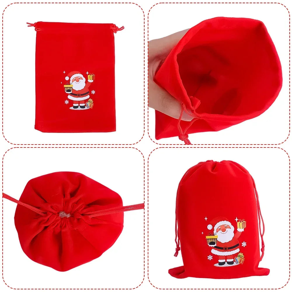 Christmas Drawstring Bags Velvet Cartoon Santa Claus Snowman Candy Snakcs Gifts Bags for Xmas Tree Party Home Packaging Pouches