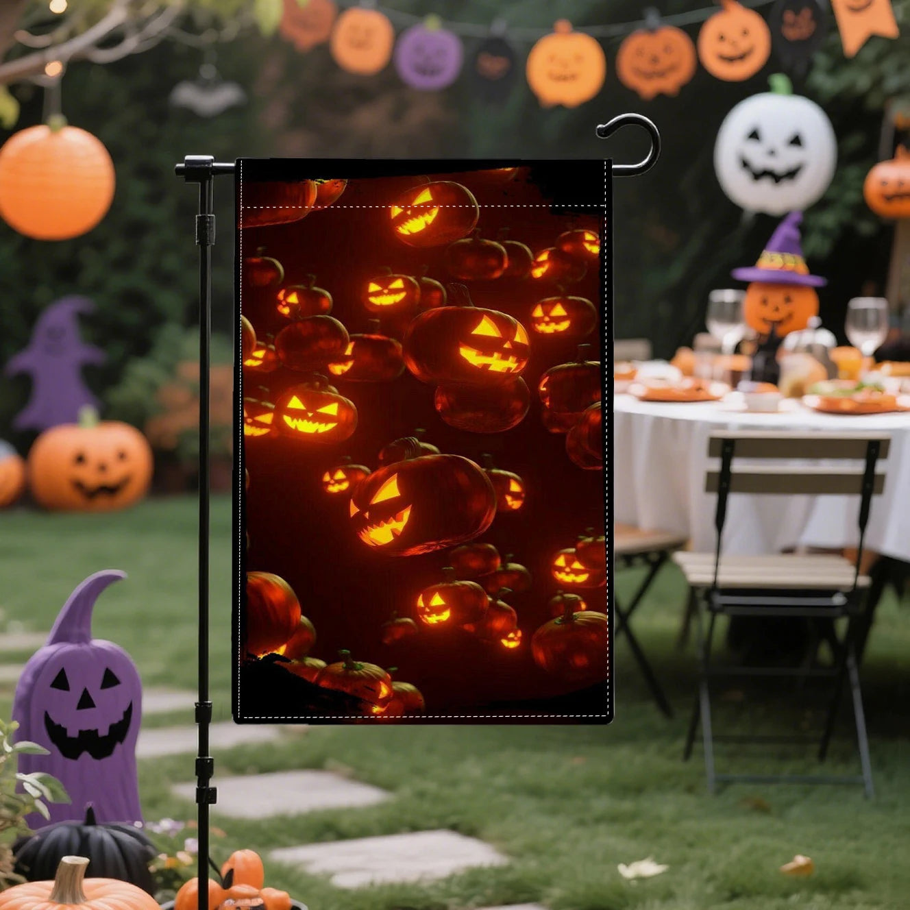 Halloween Skull Pumpkins Double-Sided Linen, 12x18 Inches, Home Outdoor Yard Holiday Party Decorations (Flag Pole Not Included)