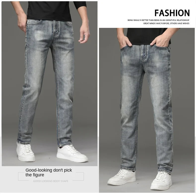 High-end Light Luxury Brand Jeans Men's Retro Slim Fit Straight Versatile Casual Gray Trousers Autumn and Winter Thick Jeans - You Offer