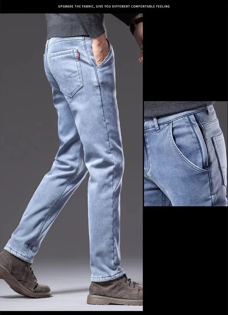 New Autumn and Winter Fashion Trend With Thick Fleece and Warm Straight Leg Blue Jeans For Men's Casual Sports High-end Jeans - You Offer