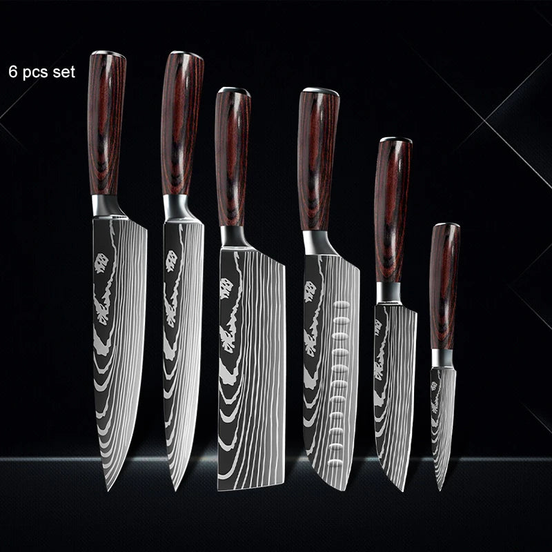 Chef knife 1-10Pcs Set Laser Damascus Pattern Kitchen Knives Sharp Japanese Santoku Slicing Utility Knife Cleaver Boning Knives - You Offer