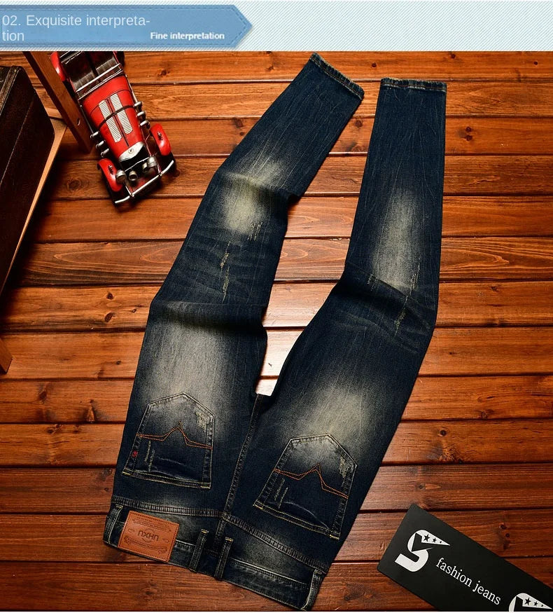 Heavy duty denim washed retro jeans for men 2025 new slim fit small foot elastic trendy brand casual Korean version pants - You Offer