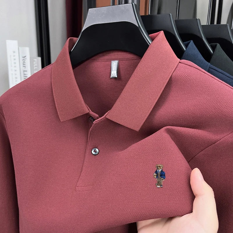100% pure cotton men's trendy luxury brand autumn long sleeved polo shirt designer teddy bear embroidery business casual T-shirt