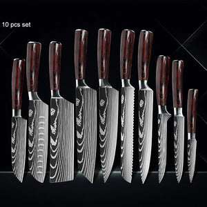 Chef knife 1-10Pcs Set Laser Damascus Pattern Kitchen Knives Sharp Japanese Santoku Slicing Utility Knife Cleaver Boning Knives - You Offer