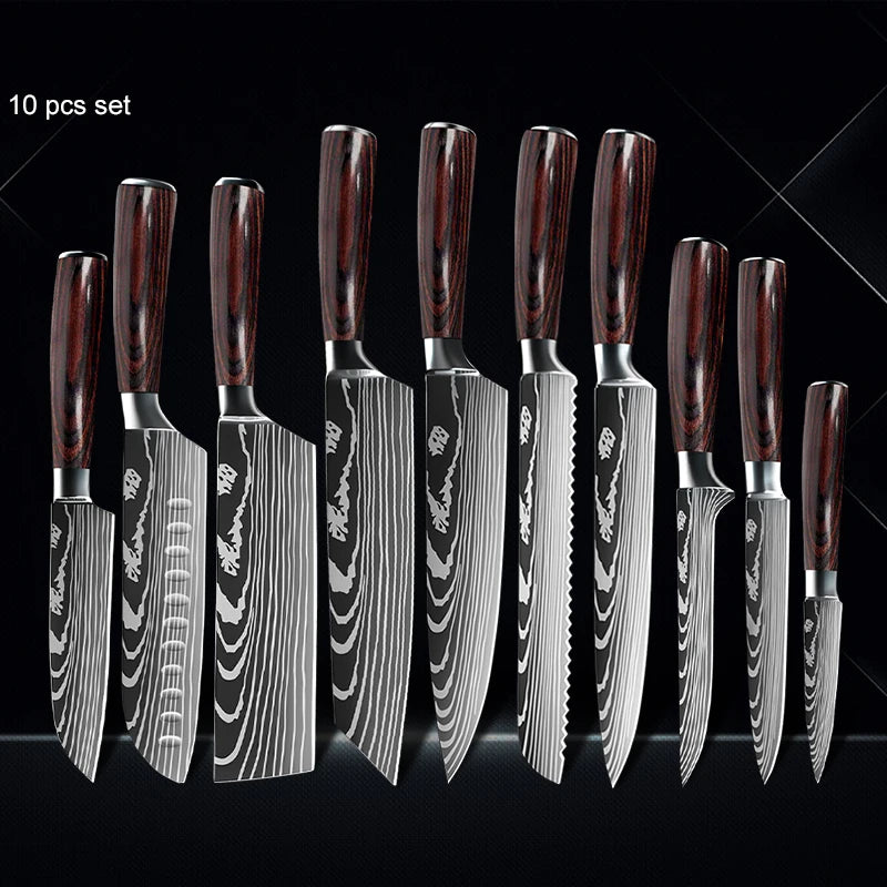 Chef knife 1-10Pcs Set Laser Damascus Pattern Kitchen Knives Sharp Japanese Santoku Slicing Utility Knife Cleaver Boning Knives - You Offer