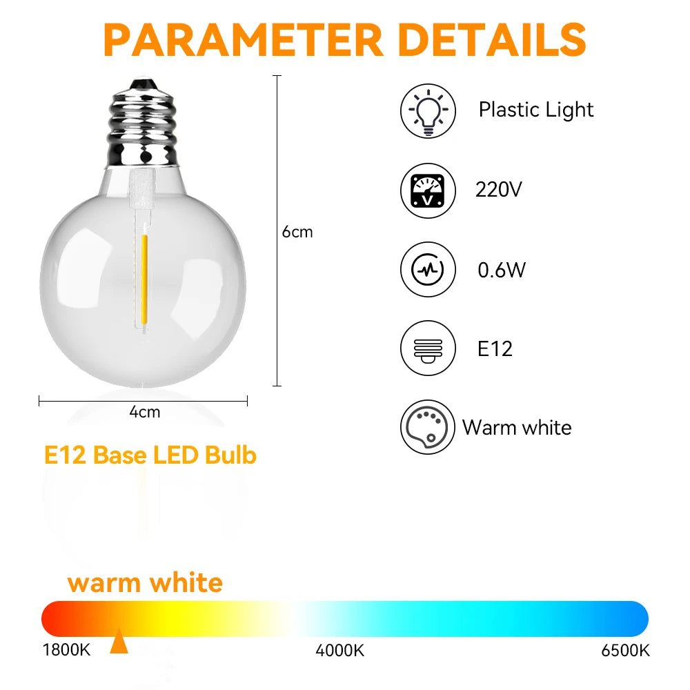 G40 LED 36 m outdoor string light with 64 plastic bulbs Attachable outdoor string light for gardens, weddings, parties, terraces