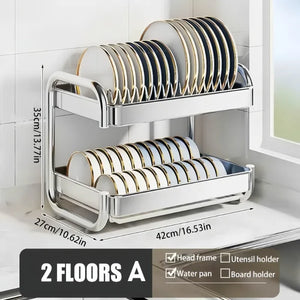 Dish Drying Rack Multifunctional Rustproof Big-capacity Bowl Storage Shelf Stainless Steel Multilayer Spacesaving Draining Shelf