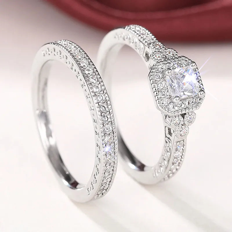 925 Sterling Silver Set Rings for Women 2Pcs Luxury Cubic Zircon Wedding Accessories Temperament Elegant Female Jewelry - You Offer