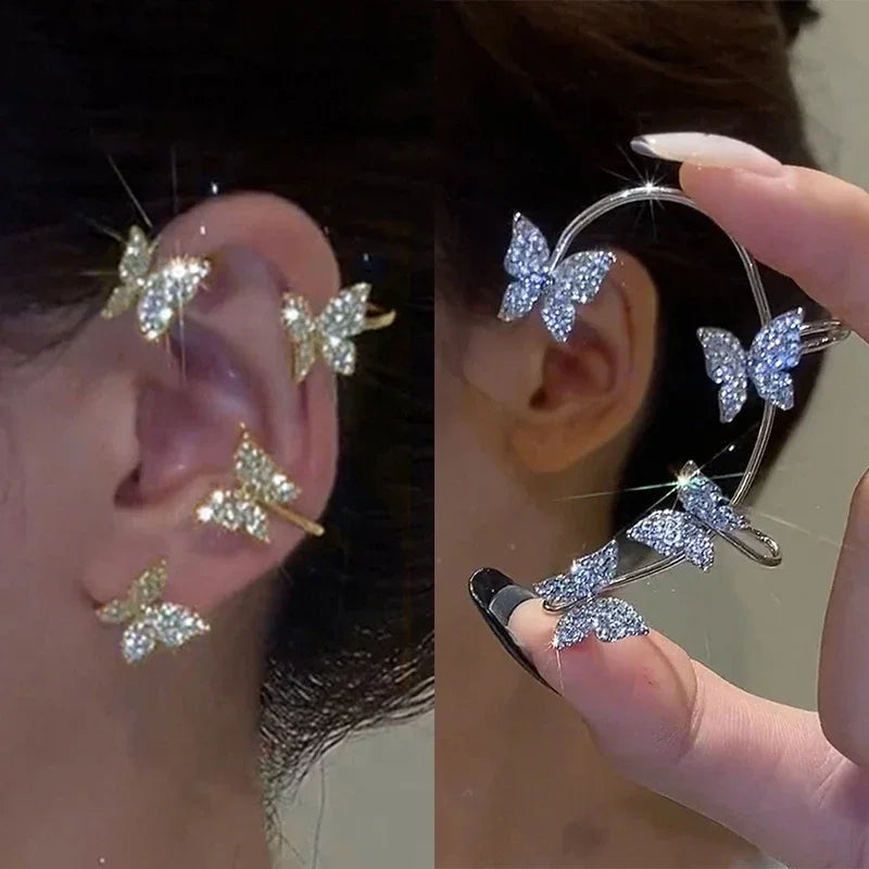 Silver Plated Metal Butterfly Ear Clips Without Piercing For Women Sparkling Zircon Ear Cuff Clip Earrings Wedding Jewelry - You Offer