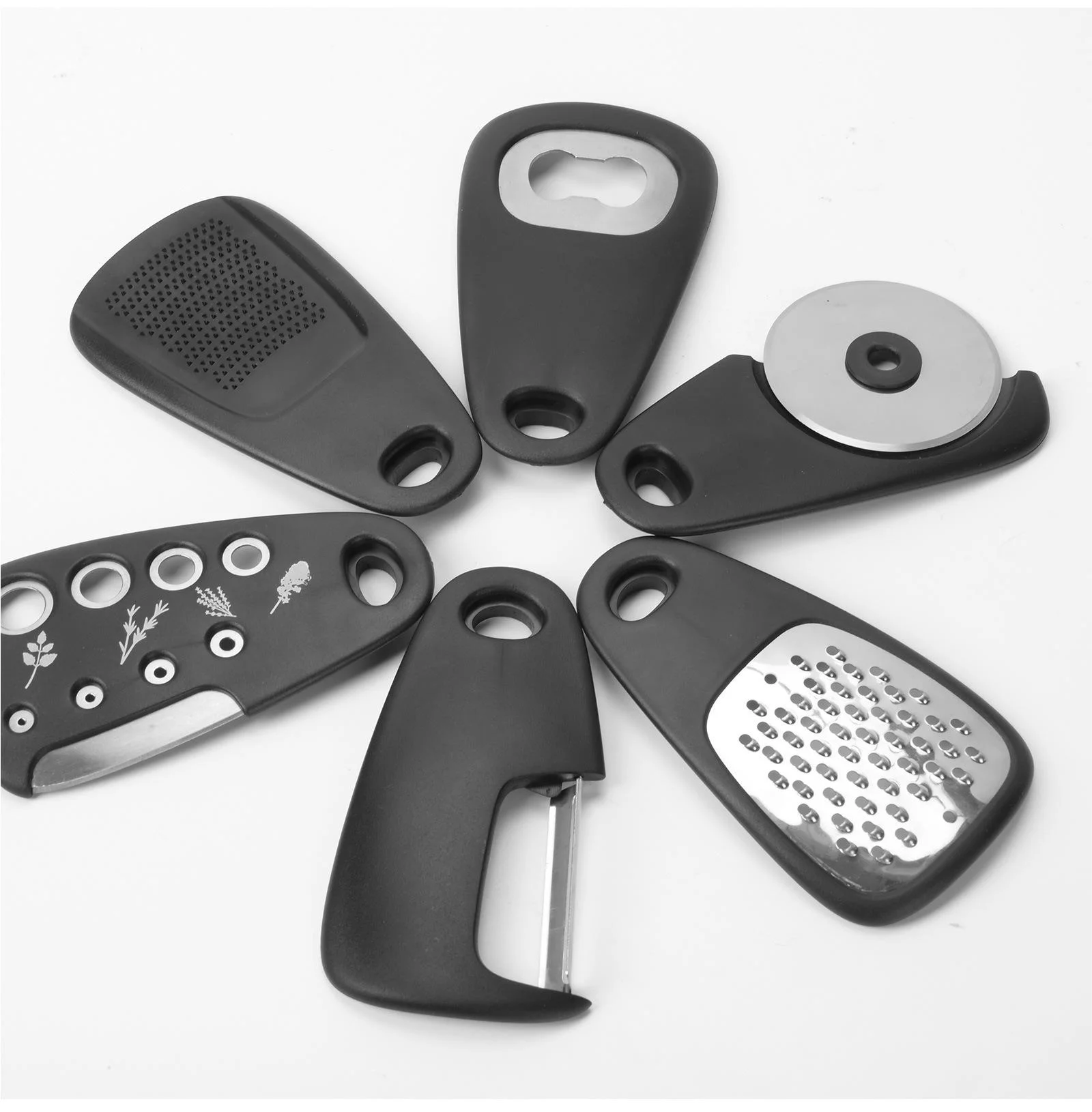 6 - in - 1 Stackable Kitchen Gadget Set | Peeler, Cheese Grater, Garlic Grinder, Bottle Opener, Pizza Cutter, Herb Cutter