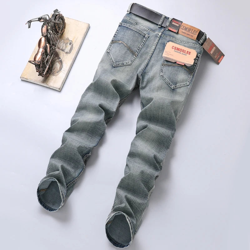 High-end Light Luxury Brand Jeans Men's Retro Slim Fit Straight Versatile Casual Gray Trousers Autumn and Winter Thick Jeans - You Offer