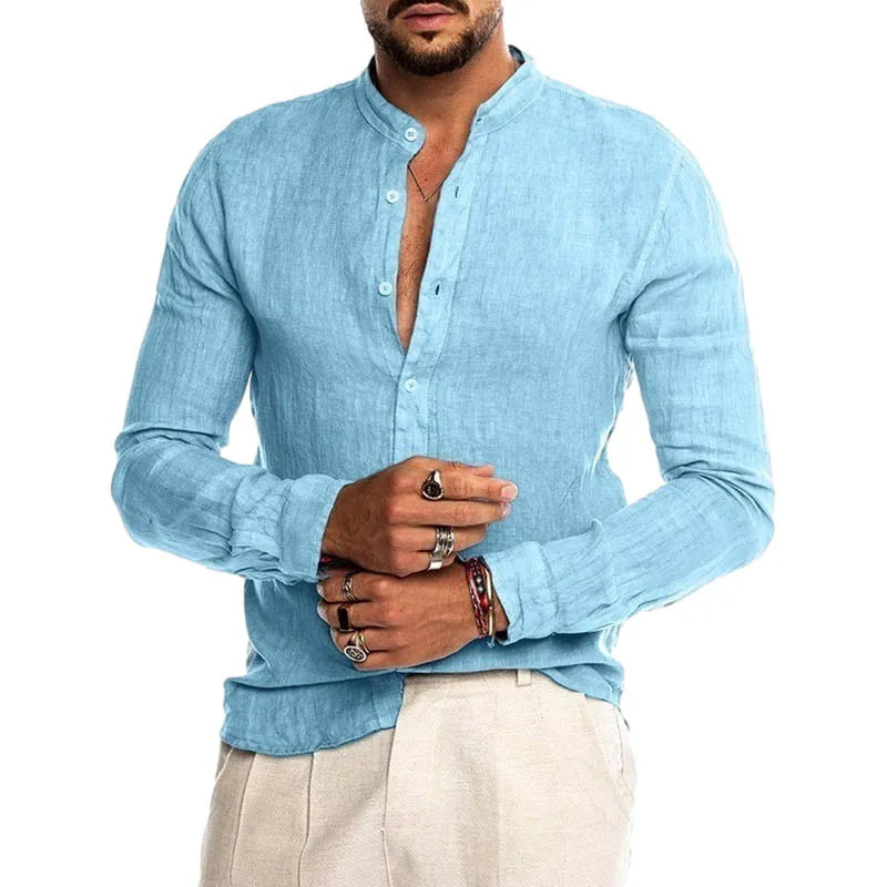 Male Casual Cotton Linen Shirts Long Sleeve Stand Collar Shirts Man Solid Social Shirt Blouses Formal Soccer Top Men Clothing