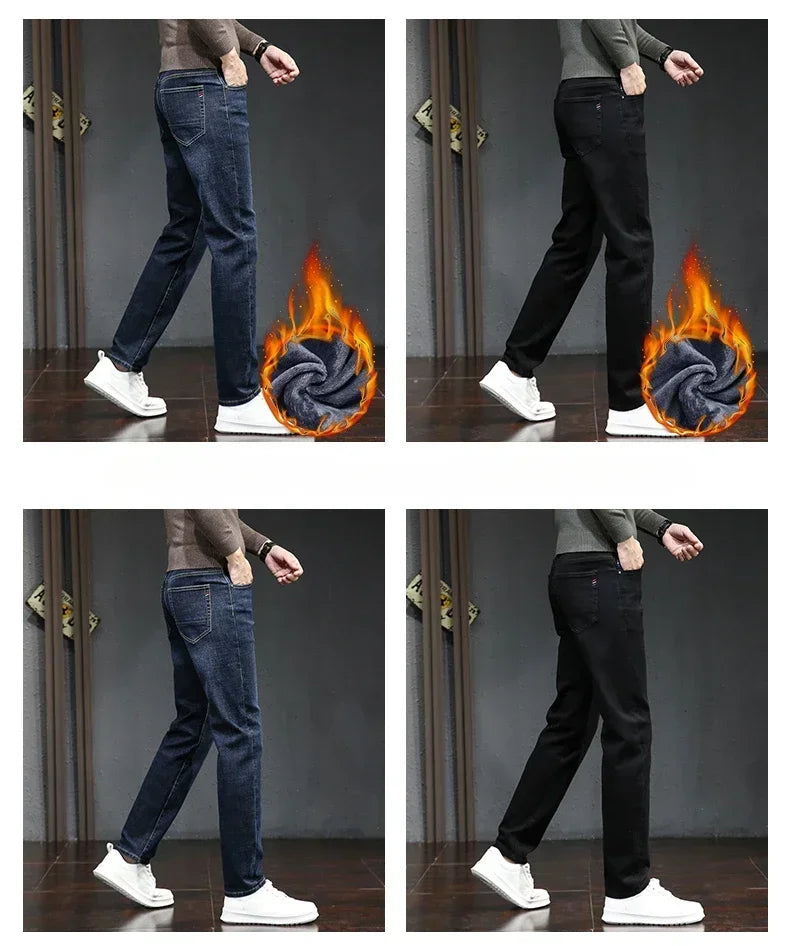 Winter Thickened Warm Male Plush Trousers Brand Clothes Men's Fleece Jeans Straight Slim Stretch Fashion Business Denim Pants - You Offer