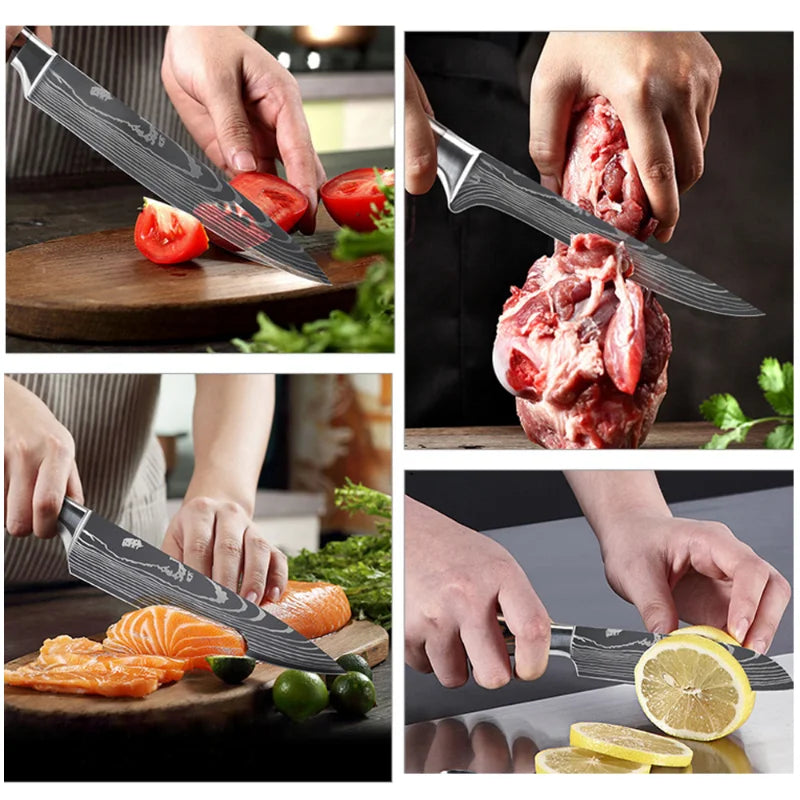 Chef knife 1-10Pcs Set Laser Damascus Pattern Kitchen Knives Sharp Japanese Santoku Slicing Utility Knife Cleaver Boning Knives - You Offer