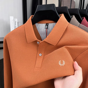100% pure cotton autumn and winter highend men POLO shirt fashion brand embroidered wheat business casual lapel long sleeved top