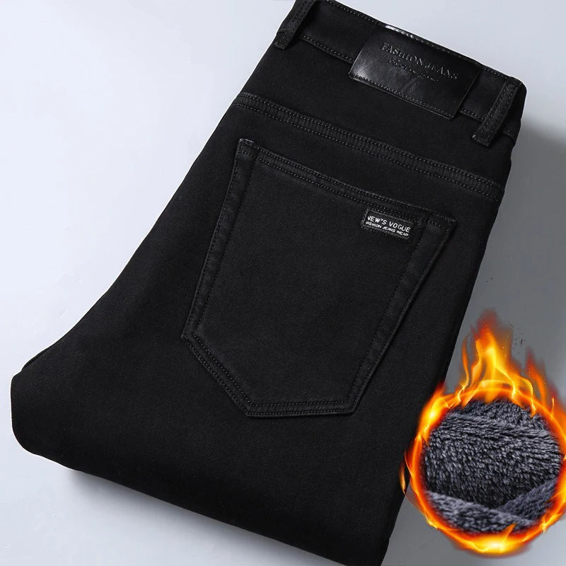 Winter Warm Jeans Men's Thickened Velvet Black Fashion Korean Trousers Plush Velvet Business Casual Straight Denim Pants - You Offer