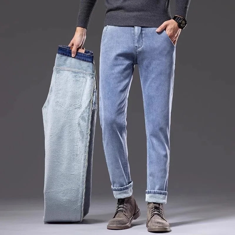 New Autumn and Winter Fashion Trend With Thick Fleece and Warm Straight Leg Blue Jeans For Men's Casual Sports High-end Jeans - You Offer