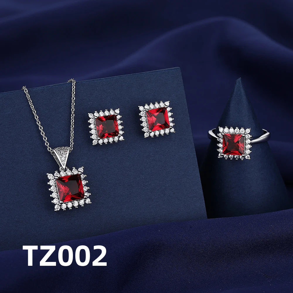 925 Sterling Silver Jewelry Set, Women's Shining Jewelry Cubic Zirconia Red Crystal Necklace Earrings Ring Birthday Gift Jewelry - You Offer
