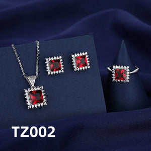 925 Sterling Silver Jewelry Set, Women's Shining Jewelry Cubic Zirconia Red Crystal Necklace Earrings Ring Birthday Gift Jewelry - You Offer