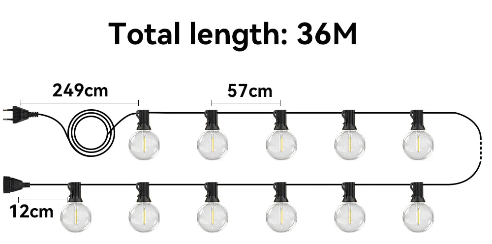G40 LED 36 m outdoor string light with 64 plastic bulbs Attachable outdoor string light for gardens, weddings, parties, terraces