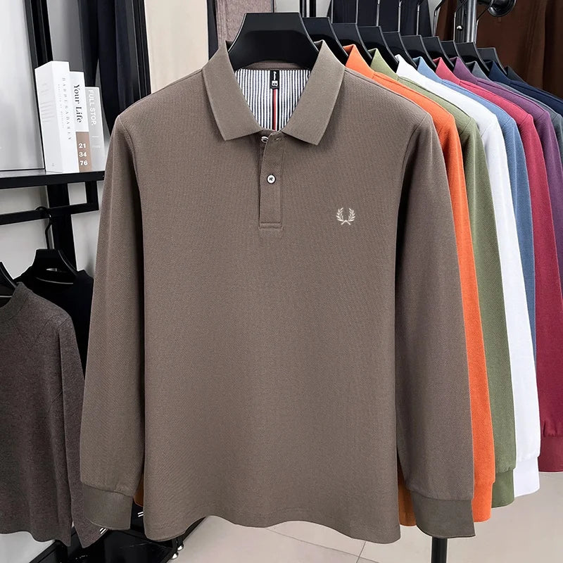 100% pure cotton autumn and winter highend men POLO shirt fashion brand embroidered wheat business casual lapel long sleeved top