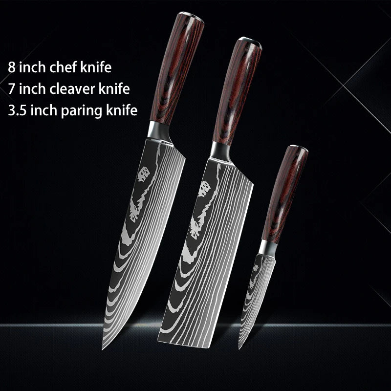 Chef knife 1-10Pcs Set Laser Damascus Pattern Kitchen Knives Sharp Japanese Santoku Slicing Utility Knife Cleaver Boning Knives - You Offer
