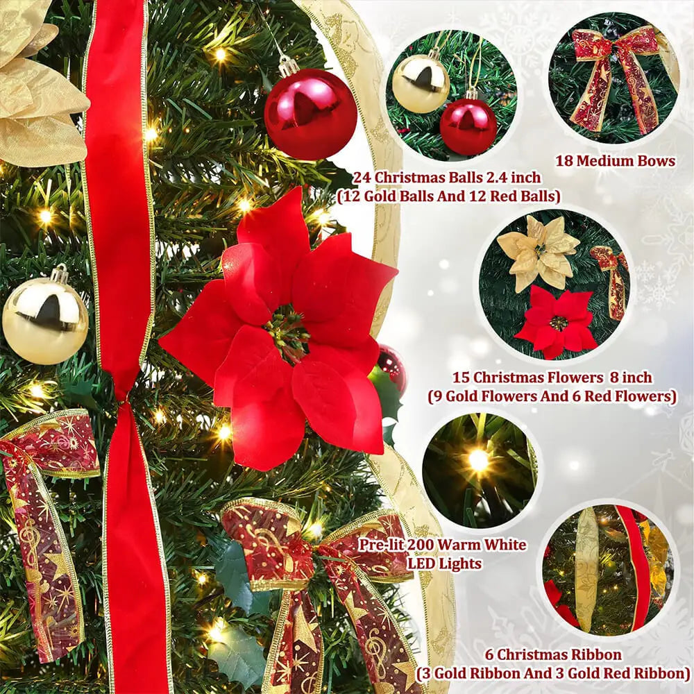 New Retractable Christmas Tree with Red and Yellow Flower Decorations, LED Light Frame, Foldable Holiday Ornament