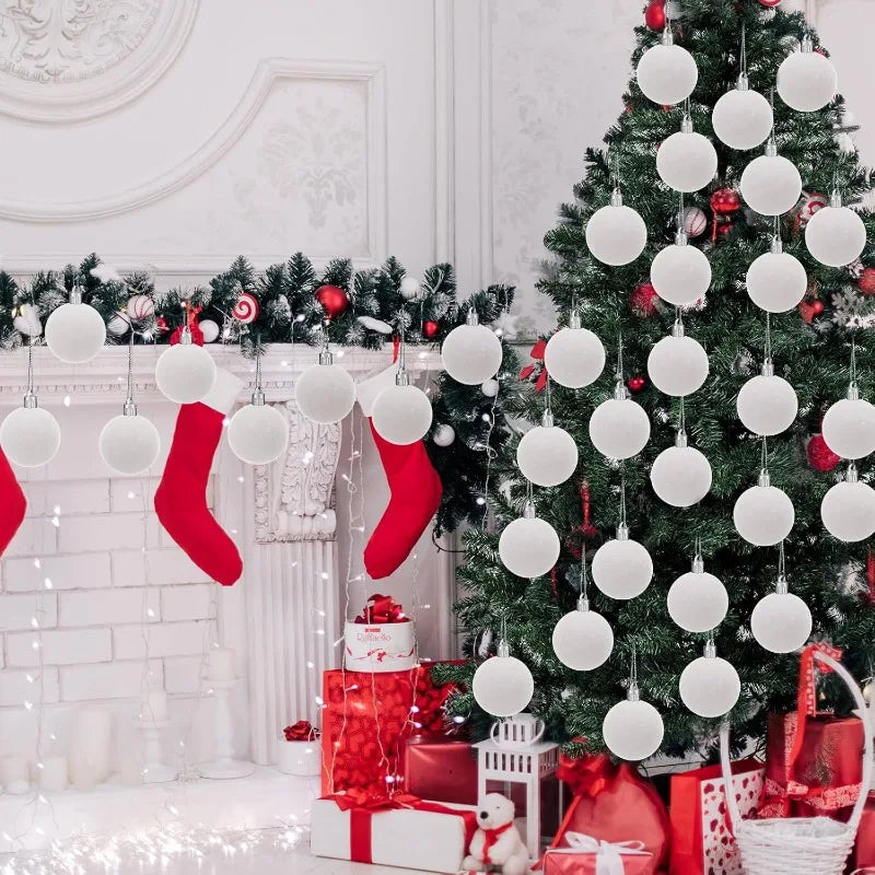 White Flocked Christmas Balls Xmas Tree Hanging Pendents Velvet Ball Ornaments Wedding Anniversary Party Home Decoration