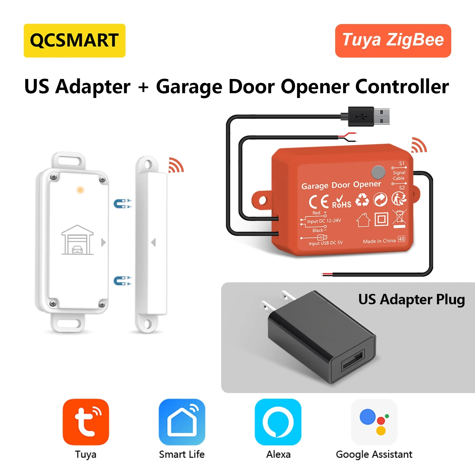 QCSMART ZigBee 3.0 Garage Door Wireless Sensor Opener Controller Tuya Smart Life App Remote Voice Control Google Assistant Alexa