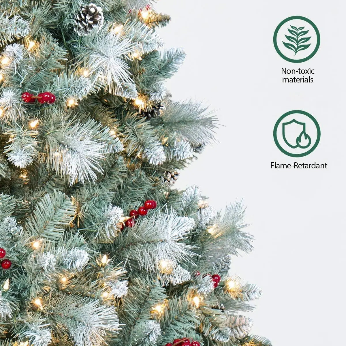 9ft Flocked Christmas Tree Prelit 750 Warm Lights Pinecones Berries Artificial Holiday Decor