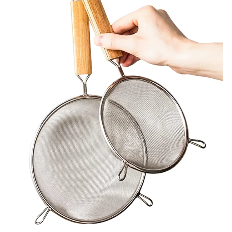 1/3pcs Kitchen baking steel flour sieve kitchen soy milk juice filter sieve filter oil spoon hand-held binaural mesh colander