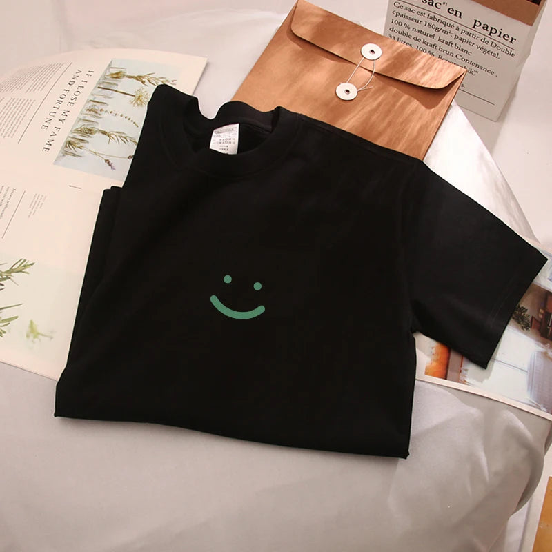 Smiling Face t-shirt For Men Summer White Trendy Brand Loose Printed Pure Cotton Short Sleeved Couple Outfit With Half Sleeves