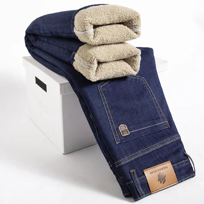 Winter Lamb Fluff Denim Straight Pants Men Thicken Big Size 40 Jeans High Waist Stretch Jeansy Fleece Lined Warm Slim Vaqueros - You Offer