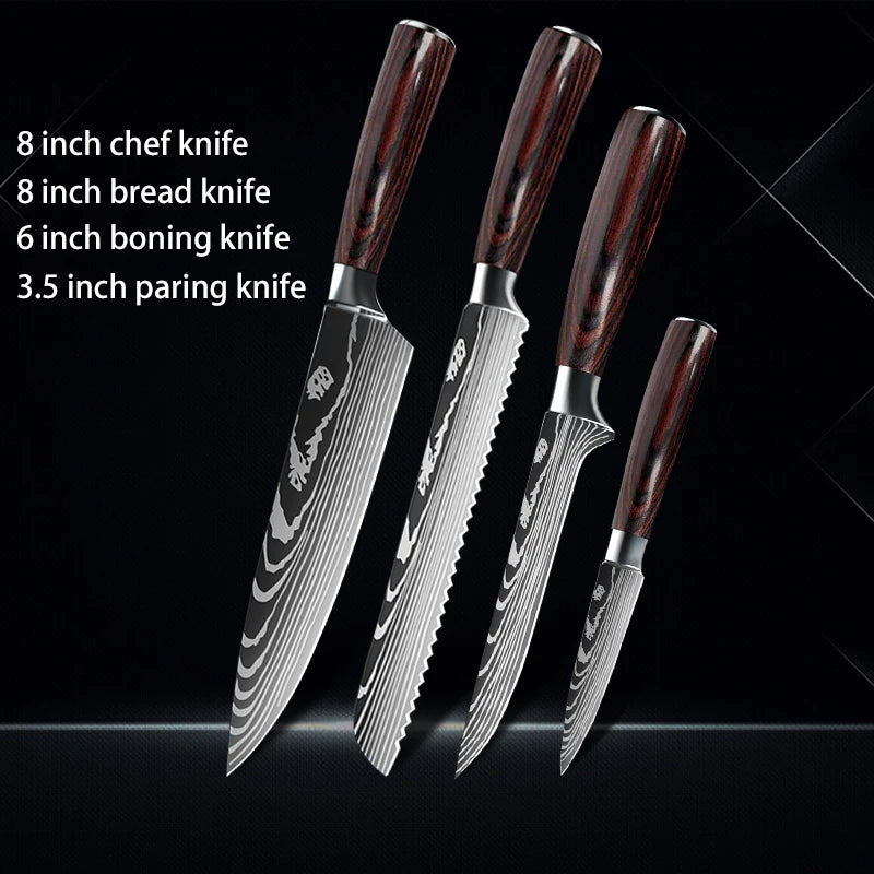 Chef knife 1-10Pcs Set Laser Damascus Pattern Kitchen Knives Sharp Japanese Santoku Slicing Utility Knife Cleaver Boning Knives - You Offer