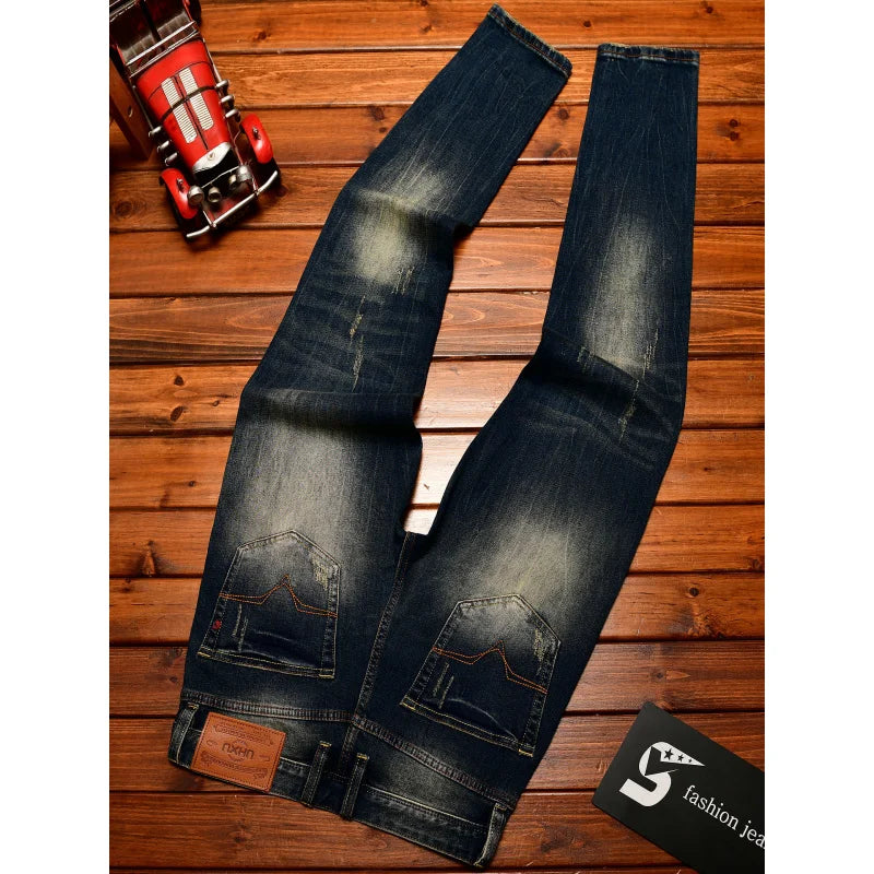 Heavy duty denim washed retro jeans for men 2025 new slim fit small foot elastic trendy brand casual Korean version pants - You Offer