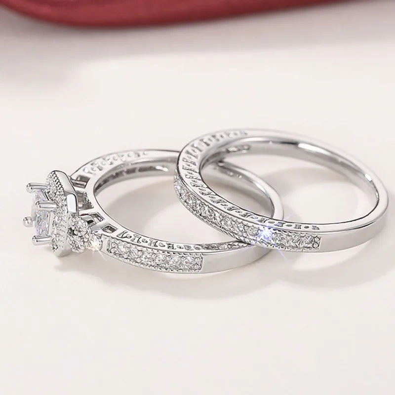 925 Sterling Silver Set Rings for Women 2Pcs Luxury Cubic Zircon Wedding Accessories Temperament Elegant Female Jewelry - You Offer