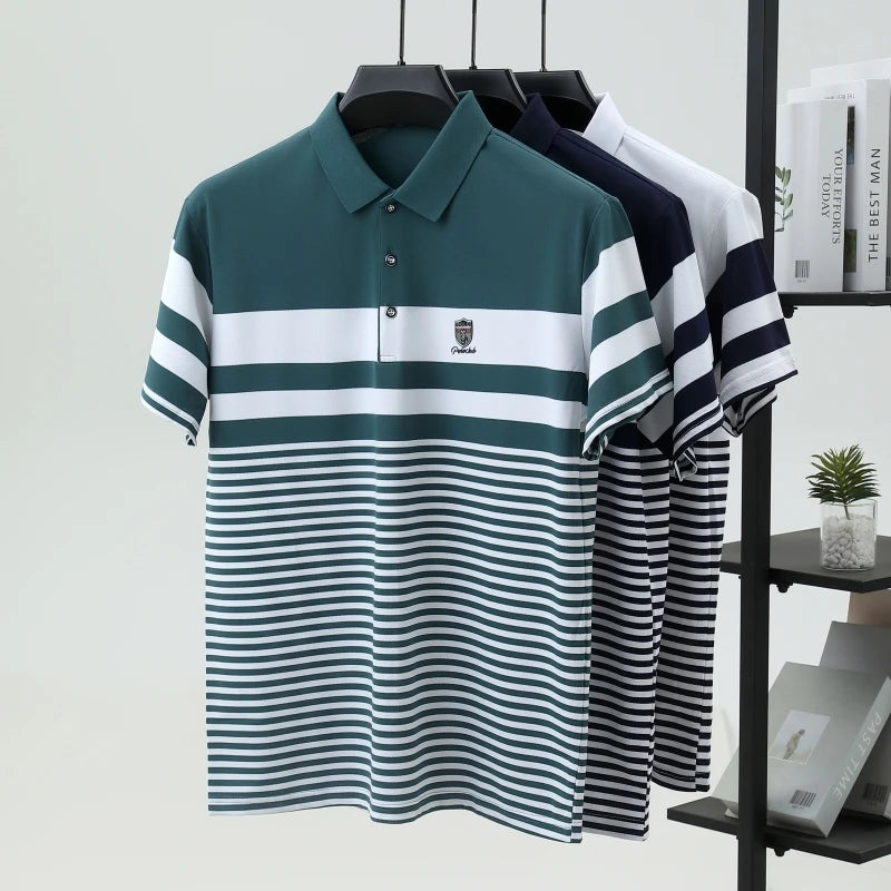High quality fashion striped short sleeve polo shirt men's luxury brand embossed design summer new breathable T-shirt golf top